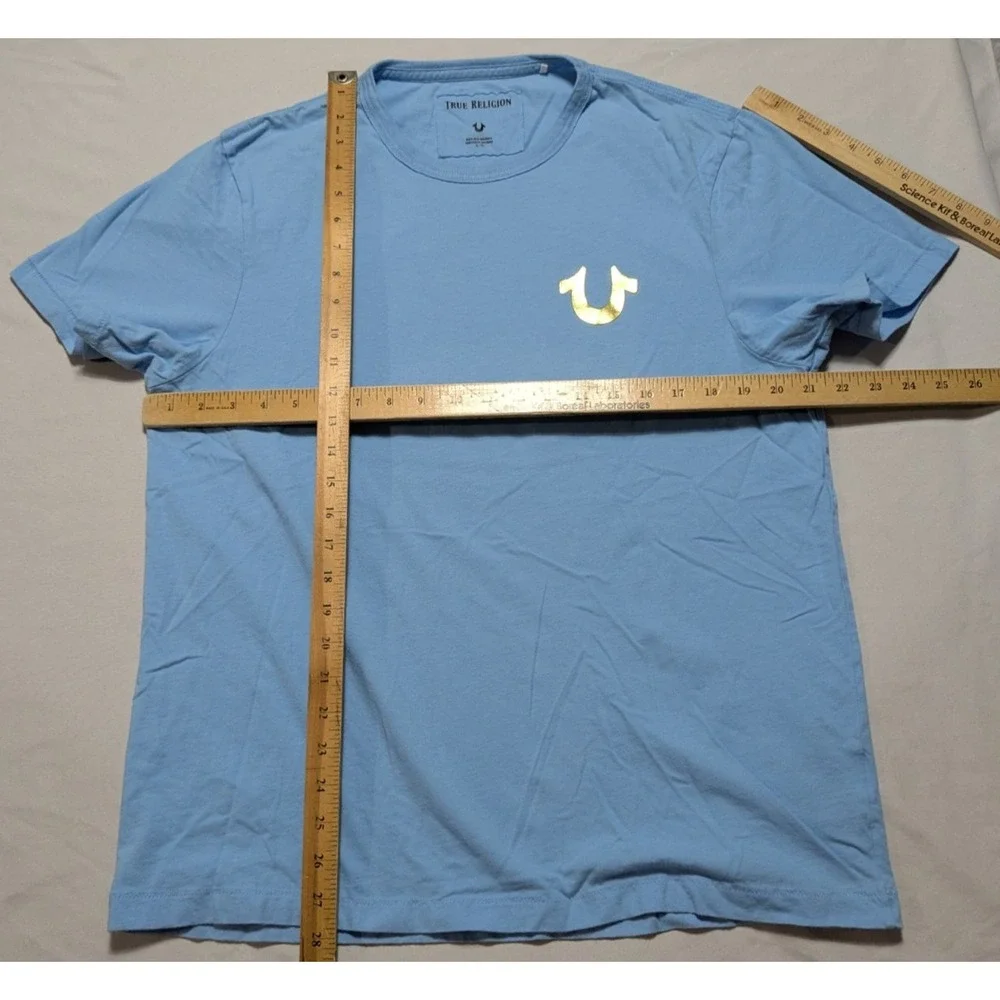 True Religion Gold Foil Buddha T-Shirt - Men XL Light Blue‎ Double-Sided